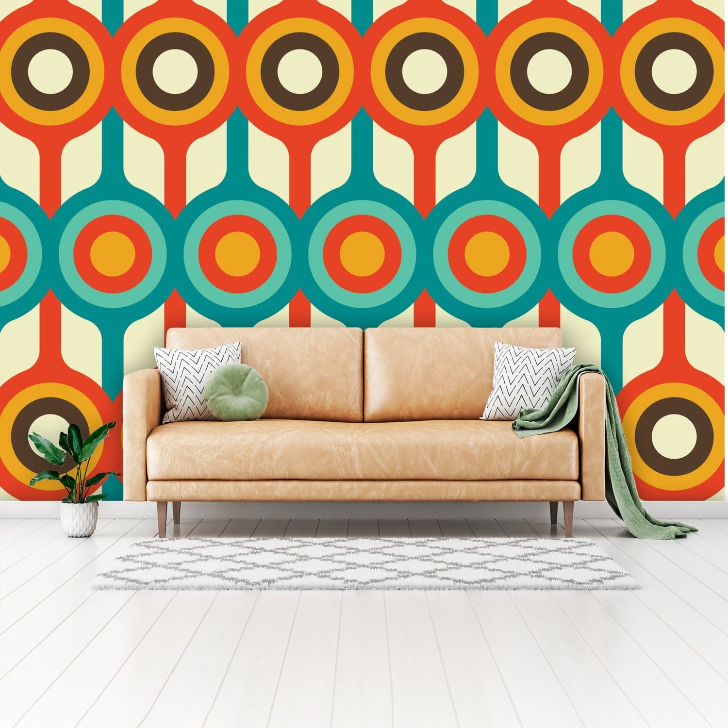 Mid Century Modern, Retro Groovy, Orange, Brown, Teal, Cream, Geometric Peel And Stick Wall Murals Wallpaper