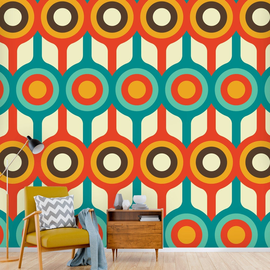 Mid Century Modern, Retro Groovy, Orange, Brown, Teal, Cream, Geometric Peel And Stick Wall Murals Wallpaper