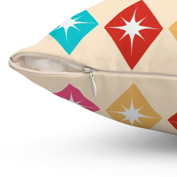 Mid Century Modern, Retro Harlequin Diamonds, Hot Pink, Yellow, Orange, Verde Green, Turquoise Blue Beige MCM  Pillow And Insert