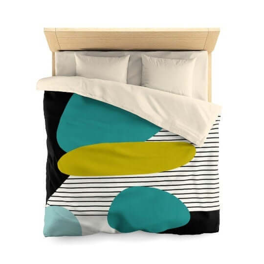 Mid Century Modern Retro MCM Design Abstract Turquoise, Green, Black, Light Blue Microfiber Duvet Cover