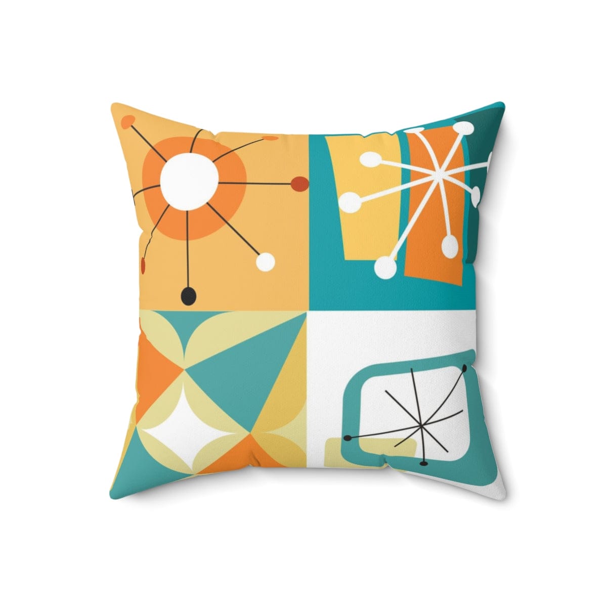 Mid Century Modern Throw Pillow, Geometric, Abstract, Teal Blue, Orange, White, Yellow, Starburst Atomic Retro Pillow And Insert Home Decor