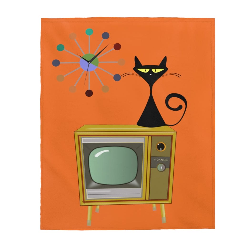 Mid Century Modern TV, Atomic Cat  And Retro Starburst Clock THIN Velveteen Throw Blanket All Over Prints