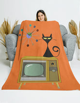 Mid Century Modern TV, Atomic Cat  And Retro Starburst Clock THIN Velveteen Throw Blanket All Over Prints