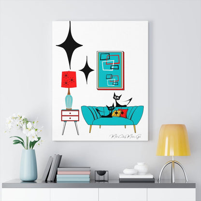 Mid Century Modern Wall Art, Atomic Cat Living Room Retro. Teal Blue, Red, Black Canvas Art Canvas
