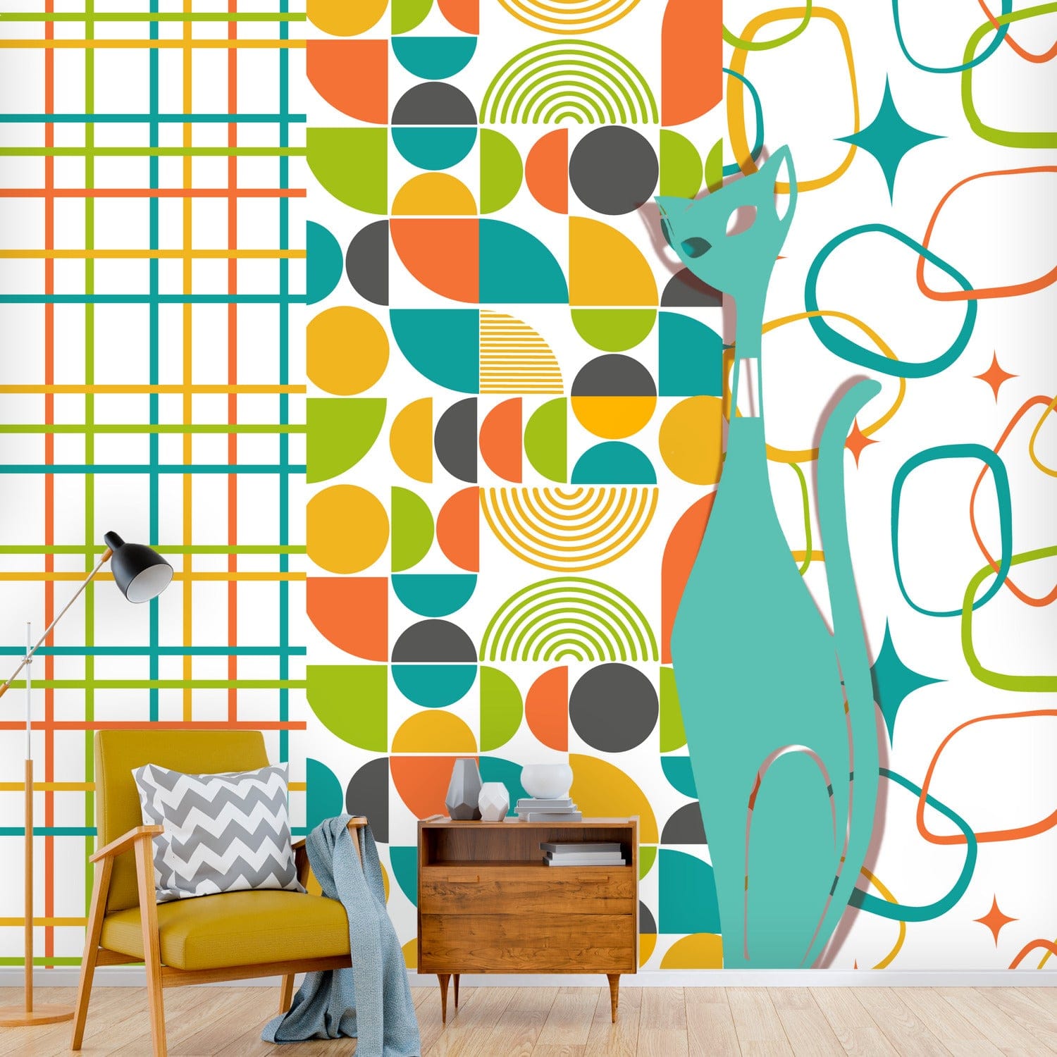 Mid Century Modern Wall Paper Atomic Kitties, Geometric, Bold, Colorful, Orange, Teal, Yellow, Funky Fun, Kitsch Retro Wall Murals Wallpaper