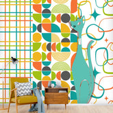 Mid Century Modern Wall Paper Atomic Kitties, Geometric, Bold, Colorful, Orange, Teal, Yellow, Funky Fun, Kitsch Retro Wall Murals Wallpaper Mid Century Modern Gal