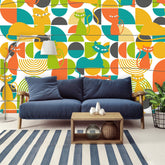 Mid Century Modern Wallpaper, Atomic Kitties, Geometric, Bold, Colorful, Orange, Teal, Yellow, Funky Fun, Kitsch Retro, Wall Murals Wallpaper Mid Century Modern Gal