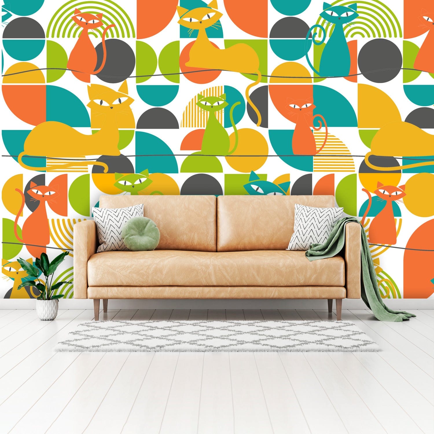 Mid Century Modern Wallpaper, Atomic Kitties, Geometric, Bold, Colorful, Orange, Teal, Yellow, Funky Fun, Kitsch Retro, Wall Murals Wallpaper