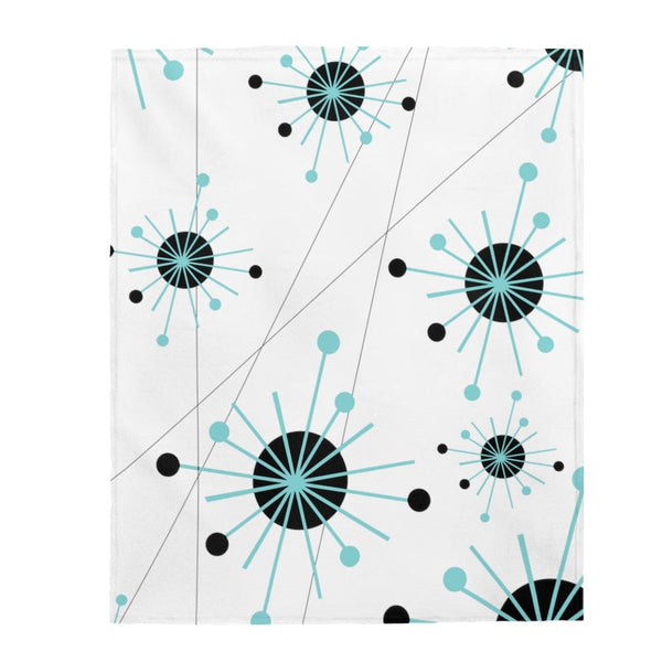 Mid Century Modern White Franciscan Starburst, Aqua, Black THIN MID Mod Vintage Retro Velveteen Plush Blanket