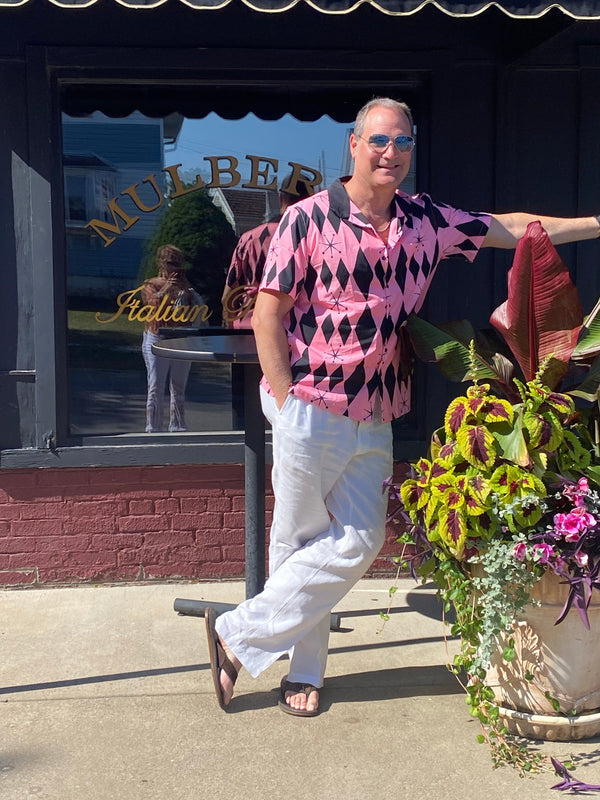 Mid Mod, Atomic Pink 50's Retro Starburst, MCM, Mid Century Modern Men's Hawaiian Shirt