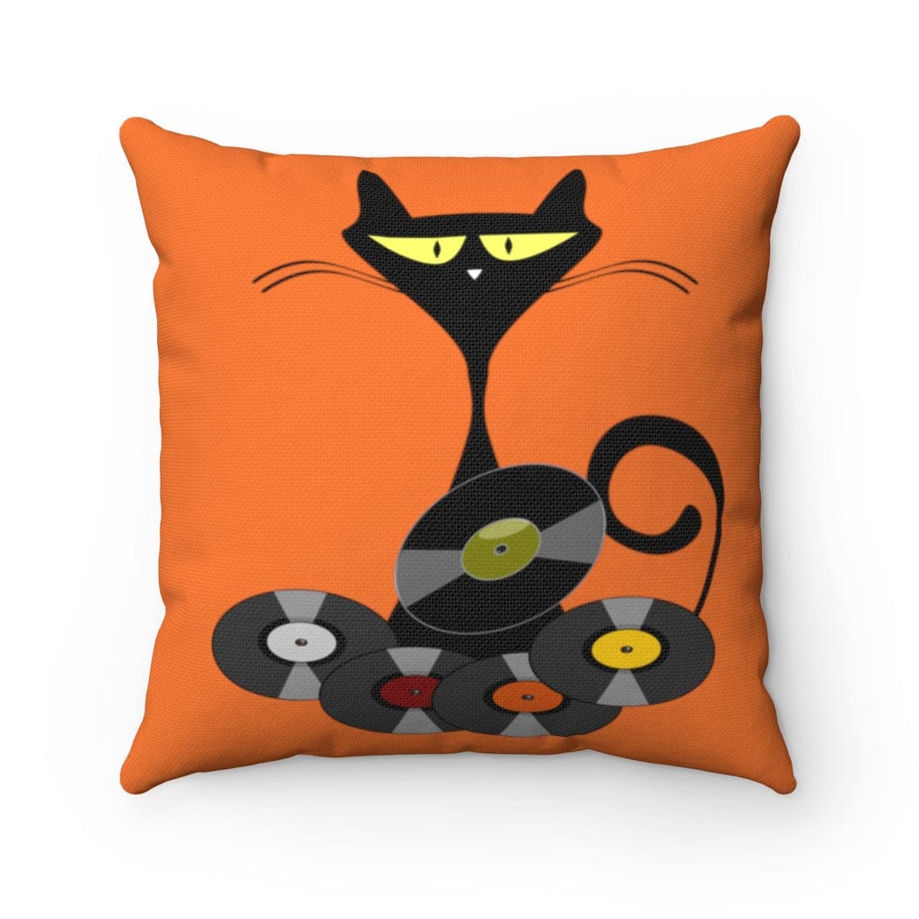 Mid Mod Cat, Mid Century Modern, Retro Black Cat and Albums Spun Polyester Square Pillow Home Decor
