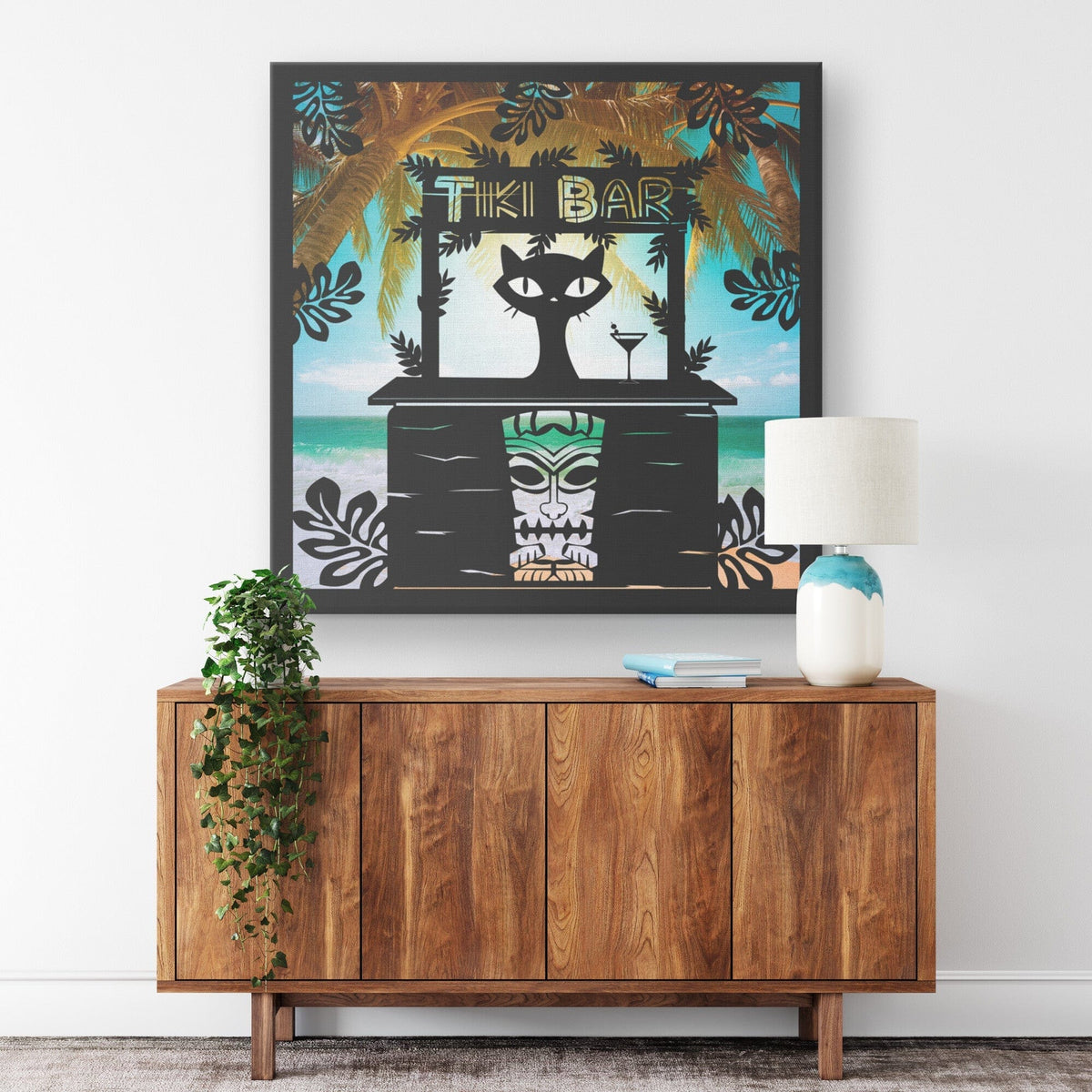 Mid Mod Cat, Tiki Bar, Retro Wall Art, Tropical Beach, Mid Century Modern Wall Art Wall Art
