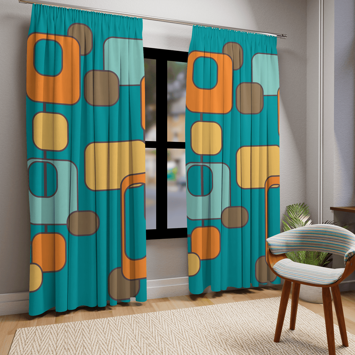 Mid Mod Geometric Teal, Orange Brown Retro Groovy Window Curtains