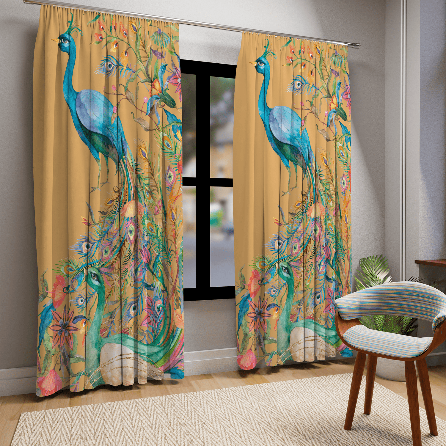 Mid Mod Peacock, Watercolor, Retro Yellow, Blue, Tropical Custom Curtains