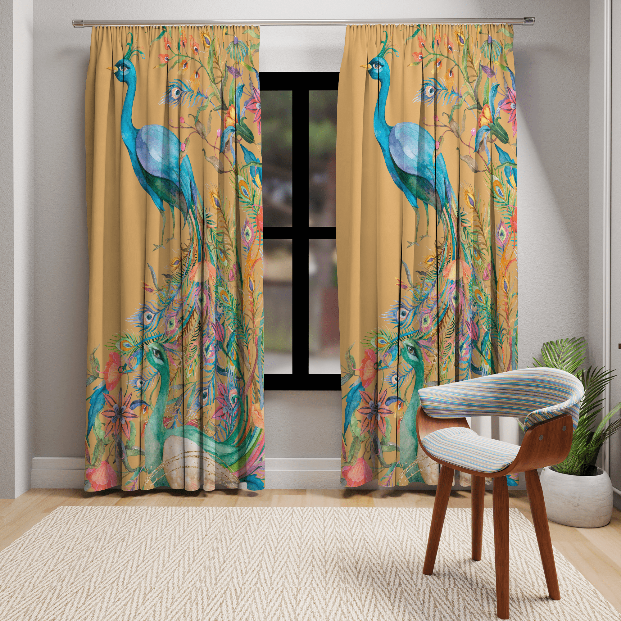 Mid Mod Peacock, Watercolor, Retro Yellow, Blue, Tropical Custom Curtains
