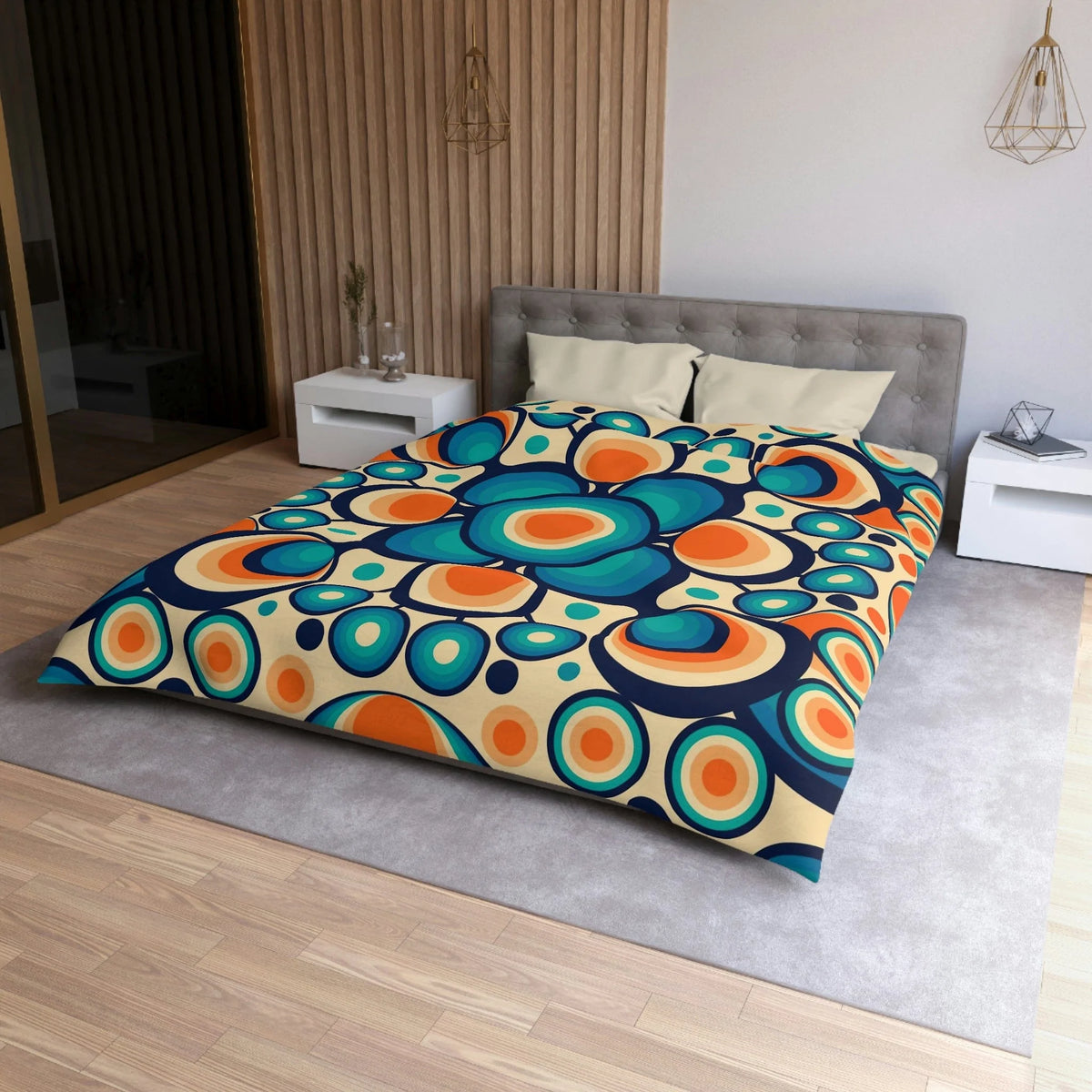 Mid Mod, Retro 60s 70s Bedding, Blue, Orange Orbs King Or Queen Duvet Home Decor