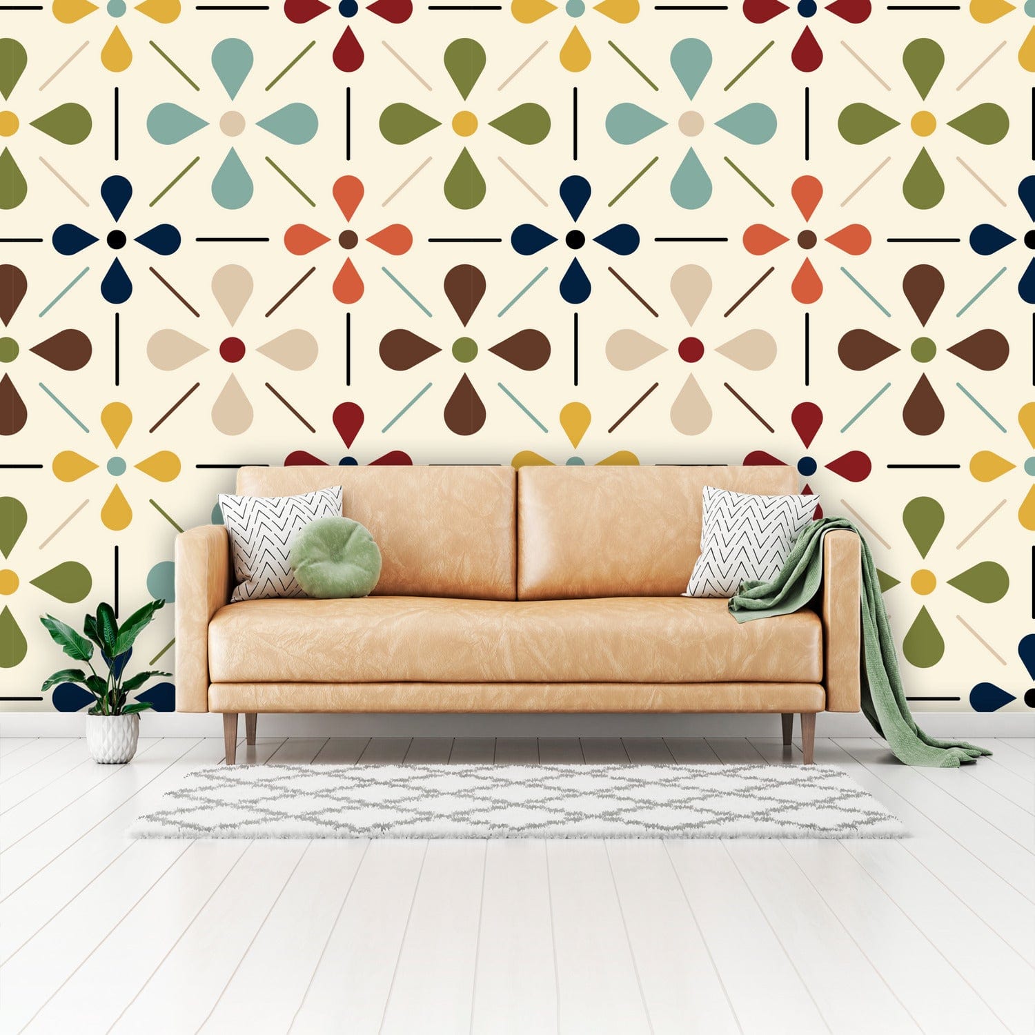 Mid Mod, Retro Scandinavian Flower, Green, Brown, Beige, Yellow, Teal Floral, Mid Century Modern, MCM Peel And Stick Wall Paper Wallpaper