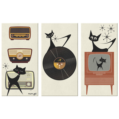 Mid Mod Retro Wall Art, Atomic Cat, TV, Record, Radio, Mid Century Modern MCM (3) Piece Canvas Wall Art