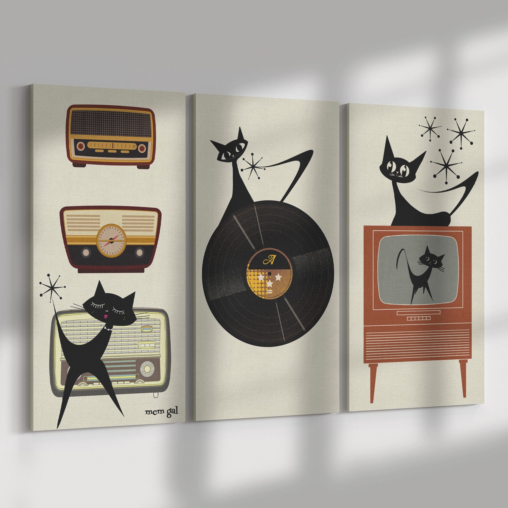 Mid Mod Retro Wall Art, Atomic Cat, TV, Record, Radio, Mid Century Modern MCM (3) Piece Canvas Wall Art