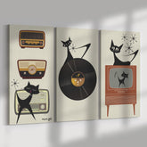 Mid Mod Retro Wall Art, Atomic Cat, TV, Record, Radio, Mid Century Modern MCM (3) Piece Canvas Wall Art Mid Century Modern Gal