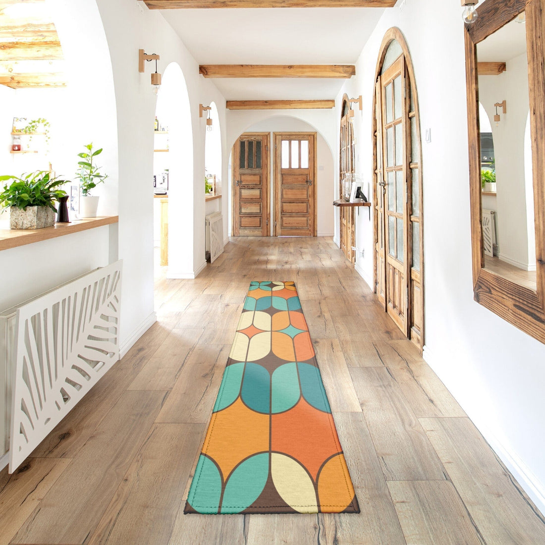 Mid Mod Rug Runner, Bold Orange, Teal Retro Geometric Entry, Kitchen, Bathroom Rug Home Goods