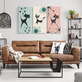 Mod Cat, Atomic Age, Whimsical Retro, Mid Century Modern, Pale Pink, Beige, Mint Blue, MCM Three Piece Custom Canvas Art Wall Art