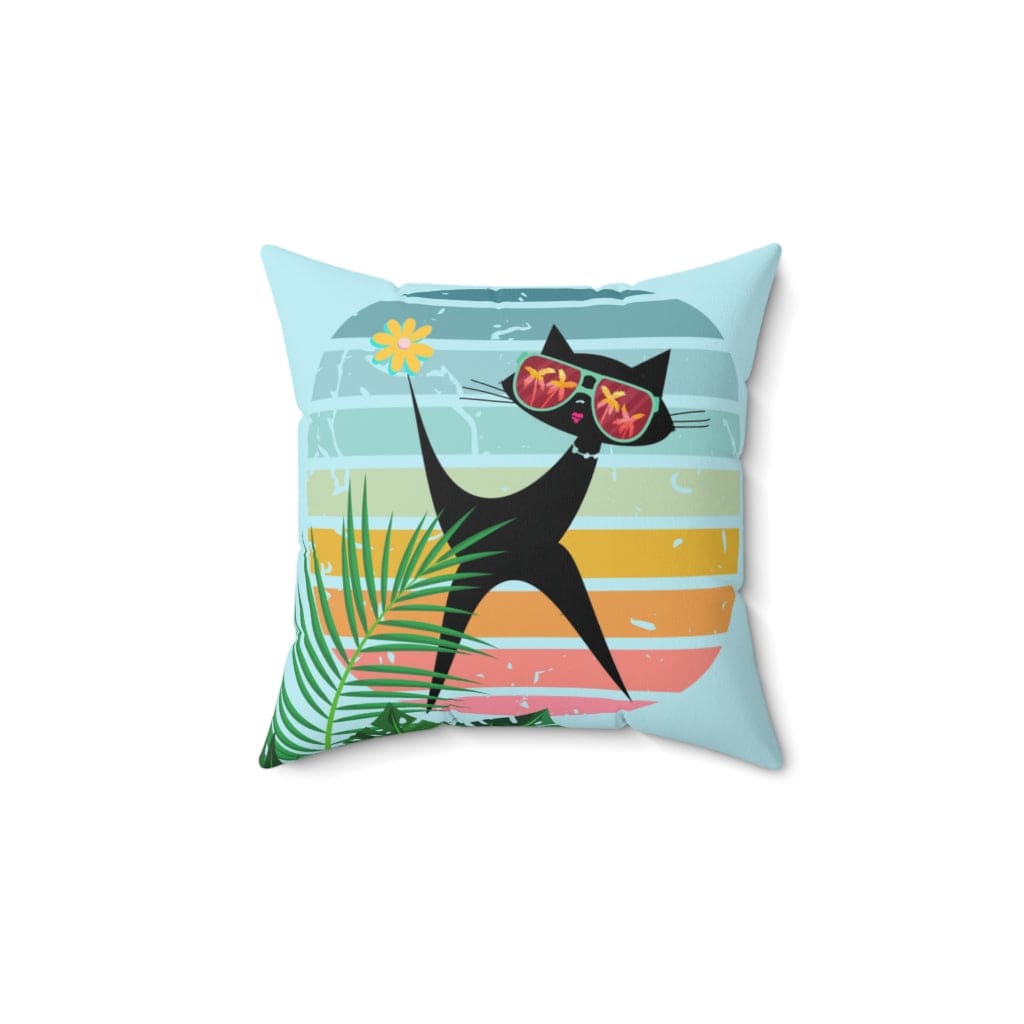 Mod Cat, Palm Spring, Cali, Florida, Tropical, Retro Groovy, Aqua, Pink, Mid Mod Pillow Cushion And Insert Home Decor