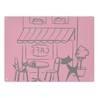 Mod Cat, Retro Cafe, Pink, French Patisserie, Whimsical Mid Century Modern Glass Cutting Board Home Decor