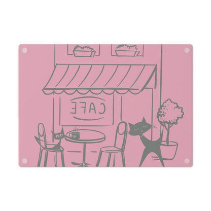 Mod Cat, Retro Cafe, Pink, French Patisserie, Whimsical Mid Century Modern Glass Cutting Board Home Decor