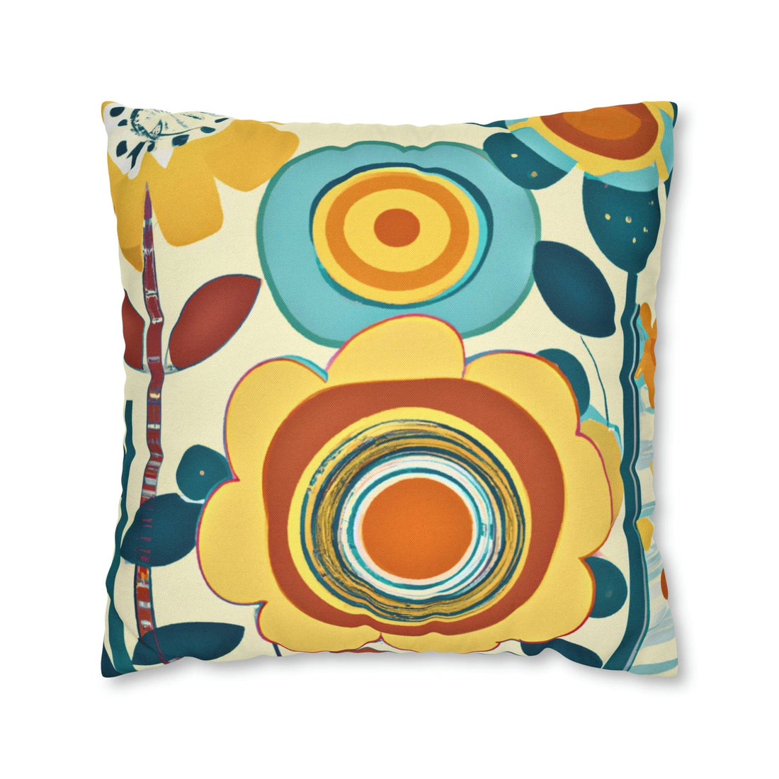 Modern Scandinavian, Floral, Folk Art, Turquoise, Yellow, Rust, Retro Pillow Case Home Decor