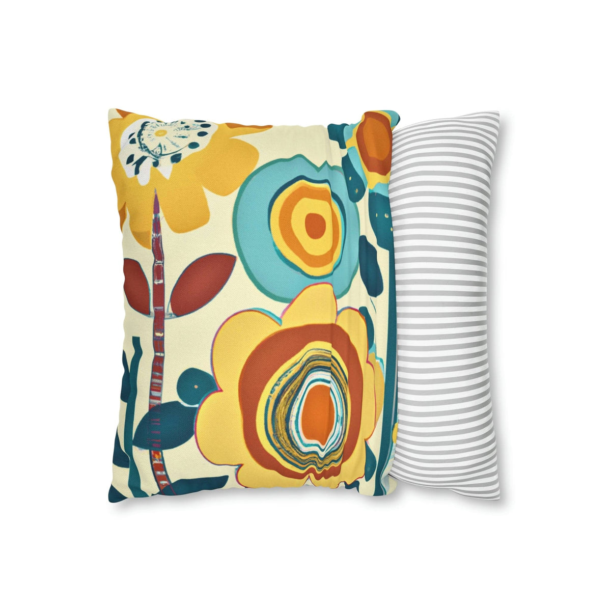 Modern Scandinavian, Floral, Folk Art, Turquoise, Yellow, Rust, Retro Pillow Case Home Decor