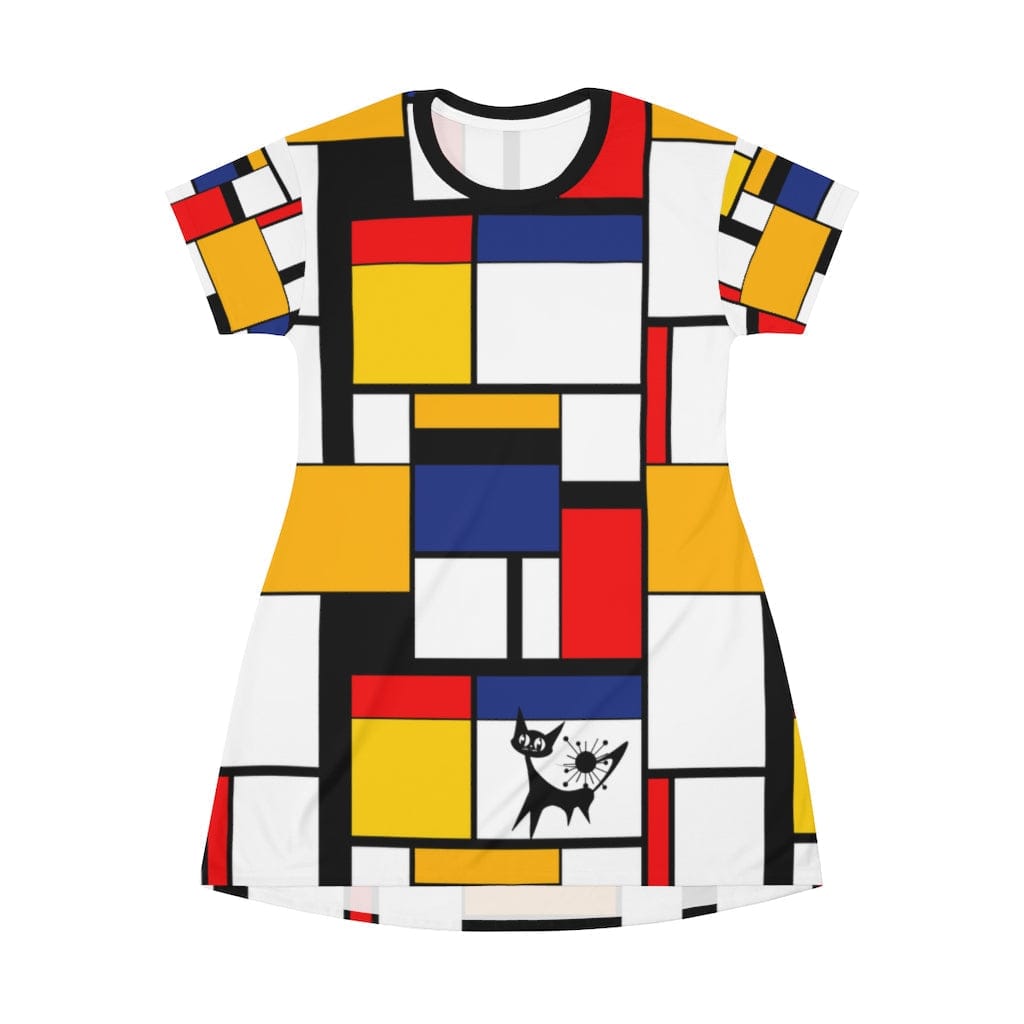 Mondrian Hipster Dress, Mod Cat, Retro Women's Modern T-Shirt Dress