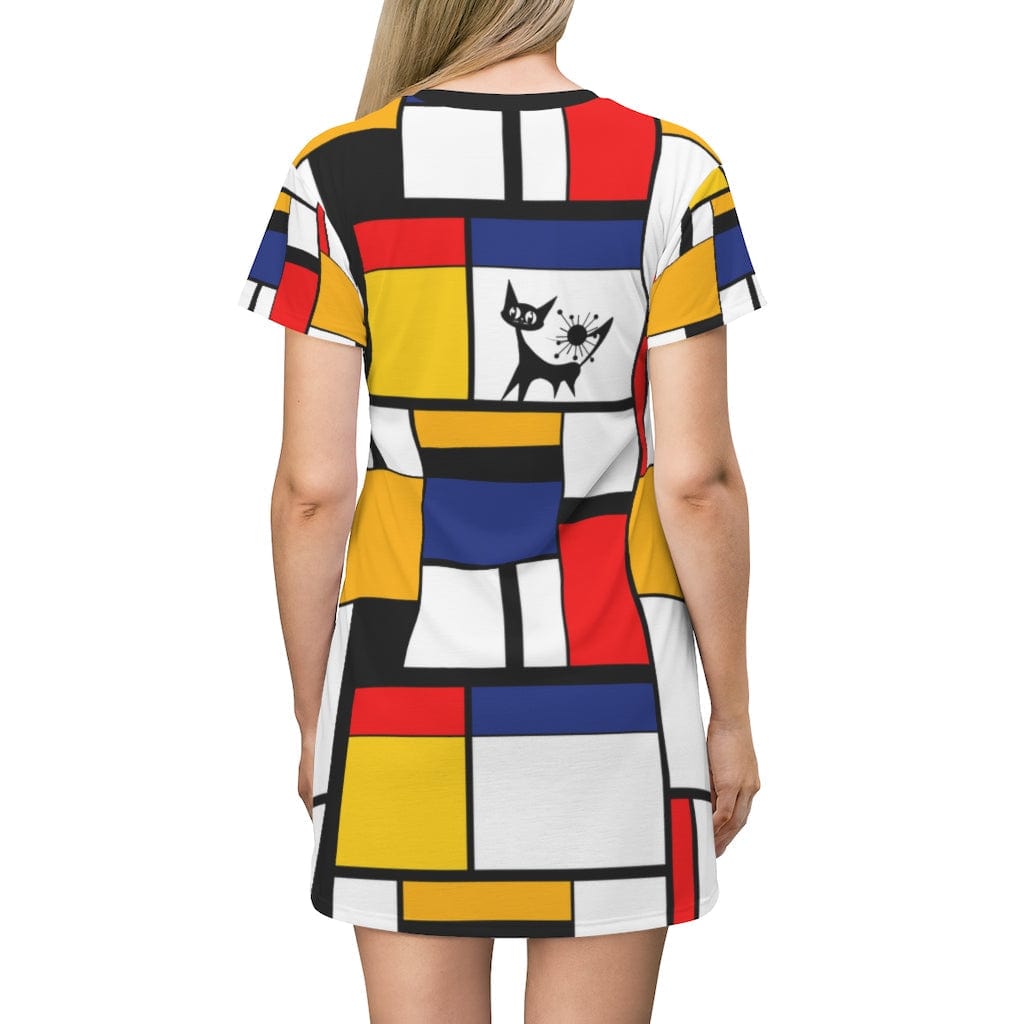 Mondrian Hipster Dress, Mod Cat, Retro Women's Modern T-Shirt Dress -  7361687847067