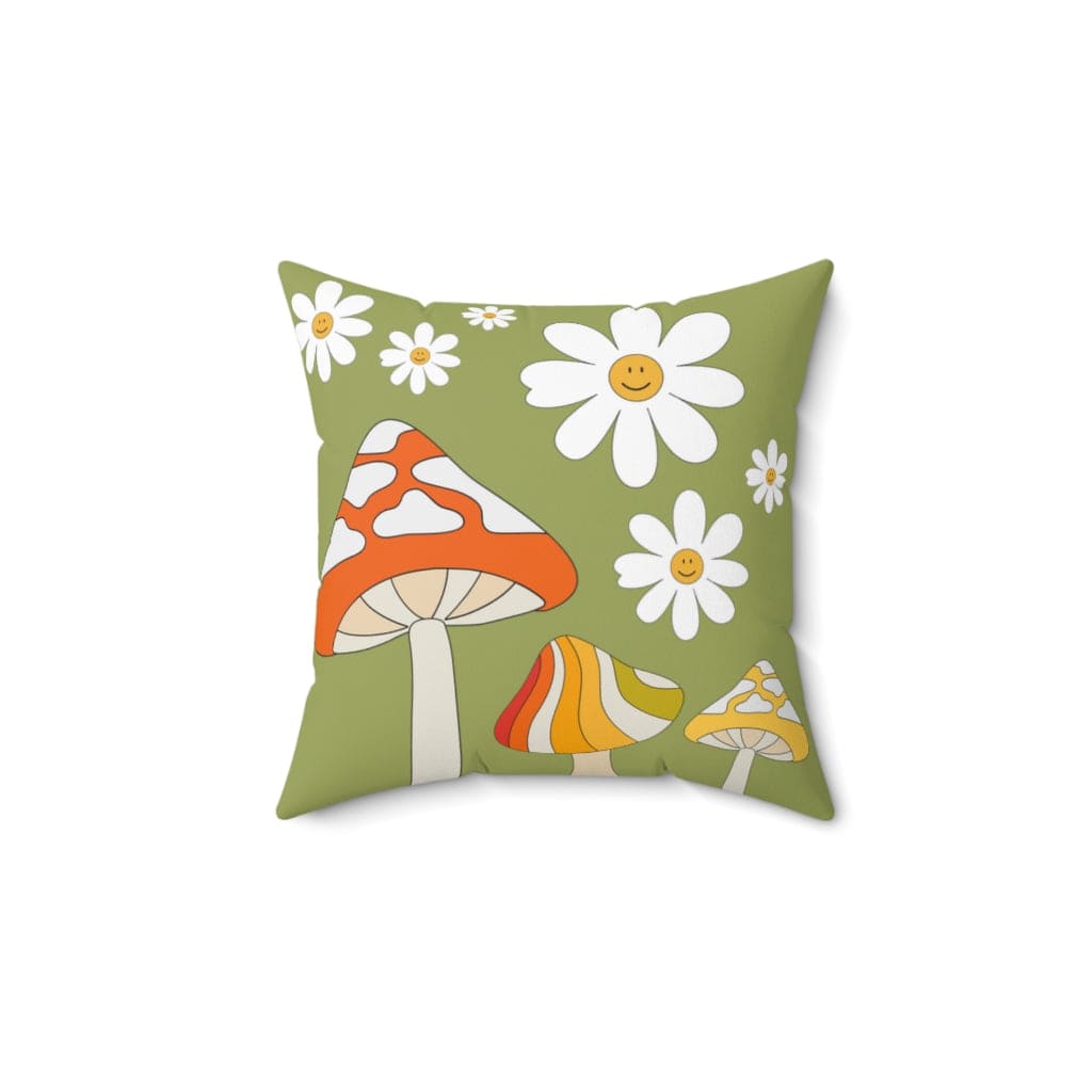 Mushroom Fairy Core, Mod Daisy, Retro Green, White, Orange, Groovy 70's Mid Mod Flower Power, Spun Polyester Square Pillow Home Decor