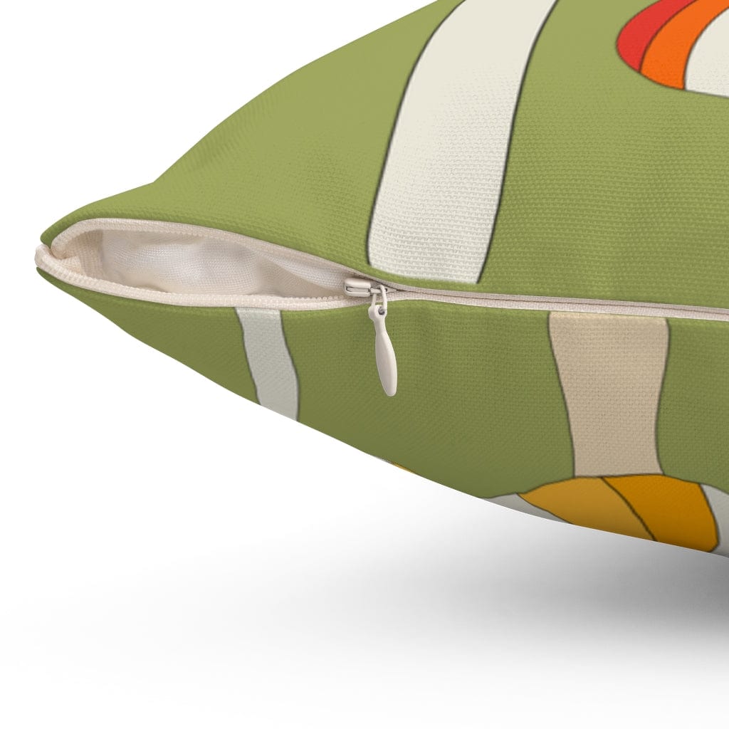Mushroom Fairy Core, Mod Daisy, Retro Green, White, Orange, Groovy 70's Mid Mod Flower Power, Spun Polyester Square Pillow Home Decor