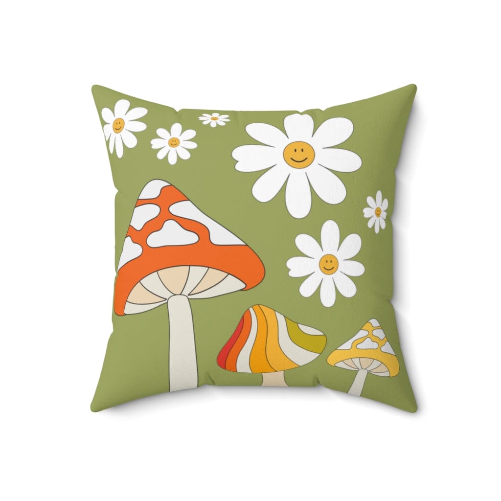 Mushroom Fairy Core, Mod Daisy, Retro Green, White, Orange, Groovy 70's Mid Mod Flower Power, Spun Polyester Square Pillow Home Decor