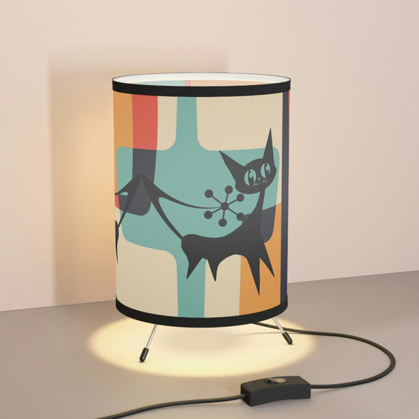 Atomic Cat Retro Geometric, Beige, Slate Gray, Burnt Orange, Mid Century Modern Living Room, Bedroom, Office Tripod. Side Table Mod Lamp