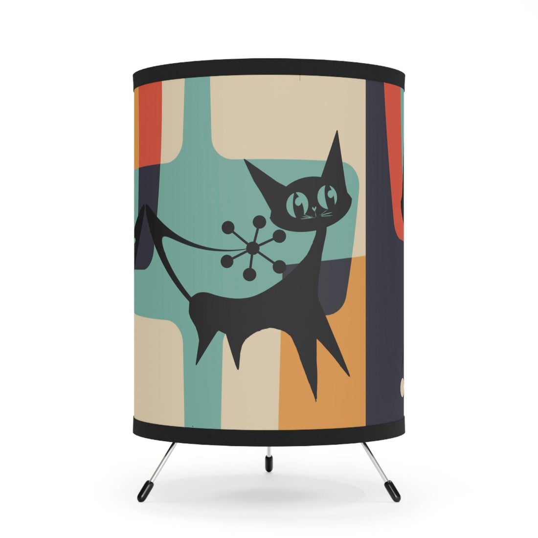 Atomic Cat Retro Geometric, Beige, Slate Gray, Burnt Orange, Mid Century Modern Living Room, Bedroom, Office Tripod. Side Table Mod Lamp Home Decor One size / Black