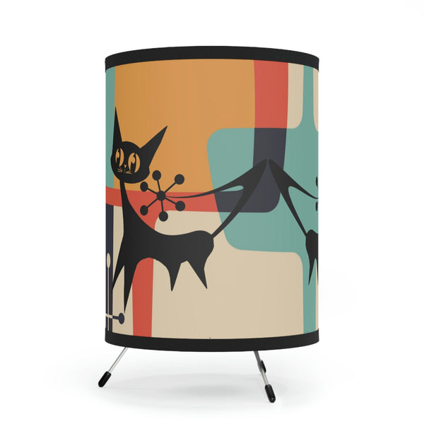 Atomic Cat Retro Geometric, Beige, Slate Gray, Burnt Orange, Mid Century Modern Living Room, Bedroom, Office Tripod. Side Table Mod Lamp
