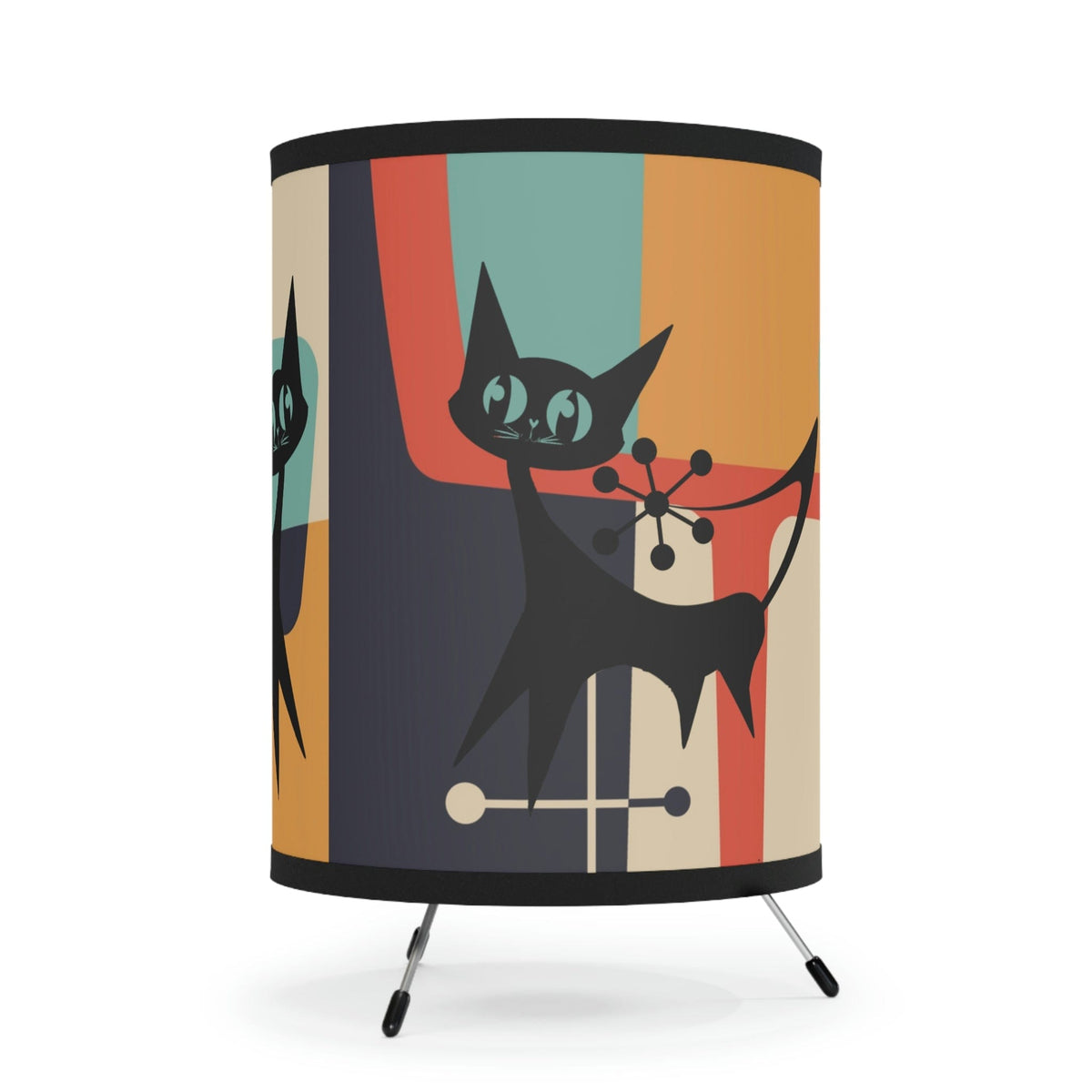 Atomic Cat Retro Geometric, Beige, Slate Gray, Burnt Orange, Mid Century Modern Living Room, Bedroom, Office Tripod. Side Table Mod Lamp Home Decor One size / Black
