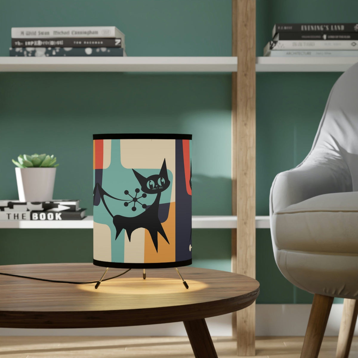 Atomic Cat Retro Geometric, Beige, Slate Gray, Burnt Orange, Mid Century Modern Living Room, Bedroom, Office Tripod. Side Table Mod Lamp Home Decor One size / Black