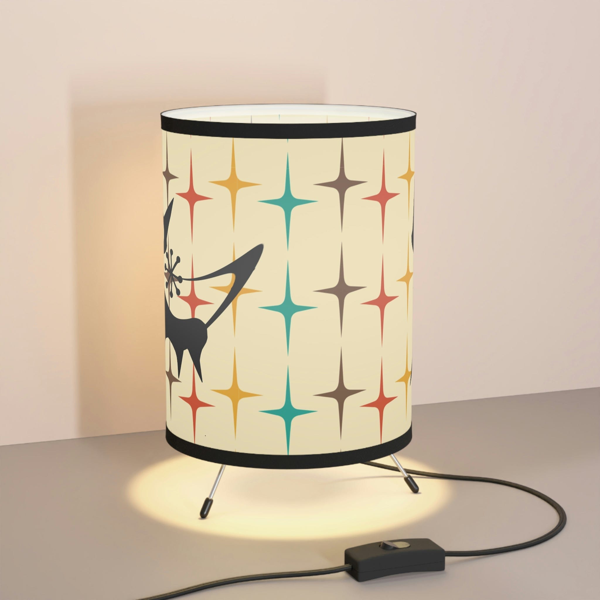 Atomic cats, retro, mid-century Tripod good Lamp with High-Res Printed Shade, USCA plug