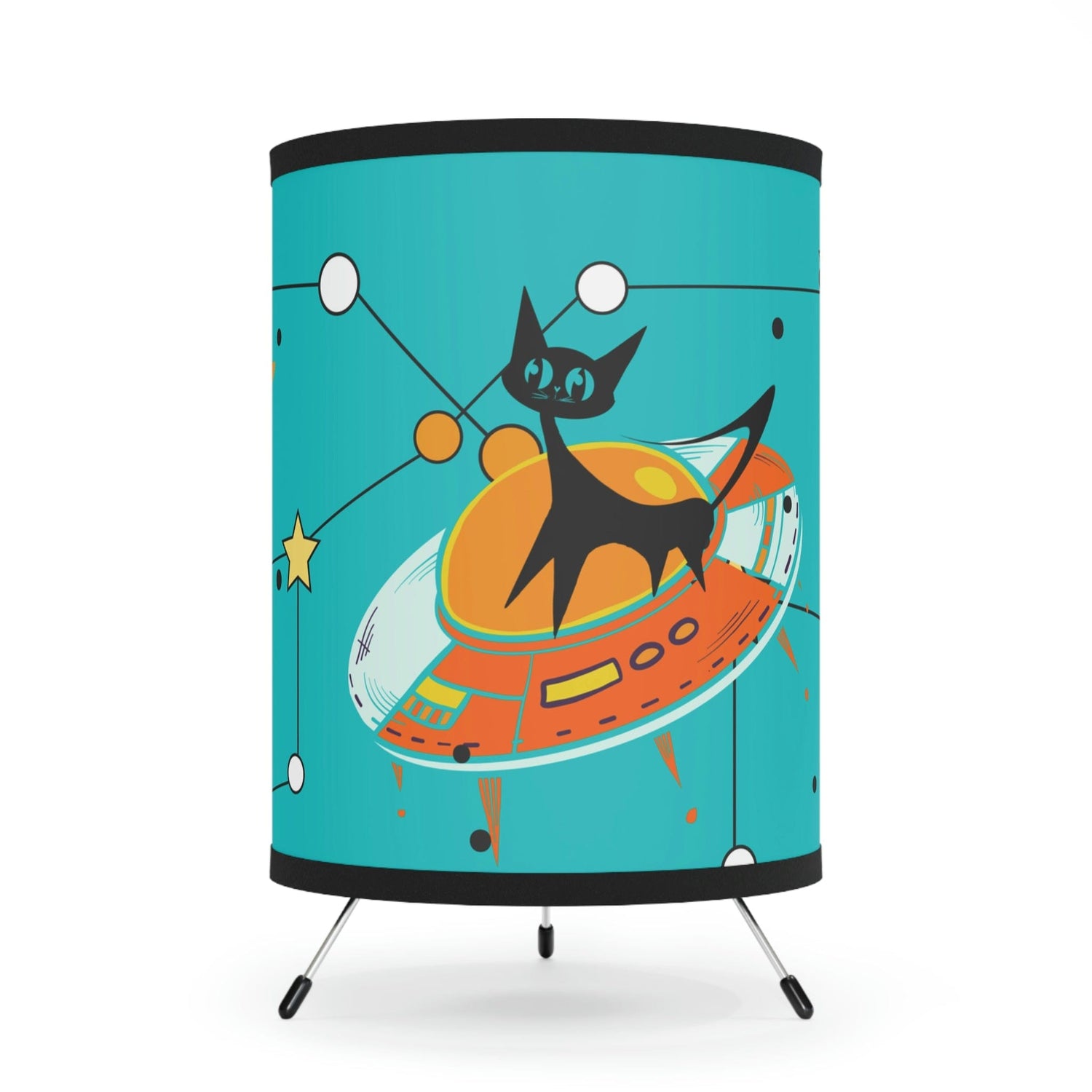 Atomic Space Cat Mod, Mid Mod, Teal Blue, Orange, Retro Tripod Lamp Home Decor One size / Black