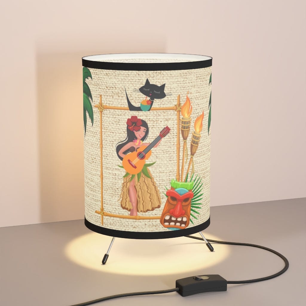 Retro Hawaiian, Tiki Bar, Tiki Décor Lamp, Atomic Cat, Palm Trees, Parrots, Tropical Mid Mod, MCM Tripod Lamp Home Decor One size / Black