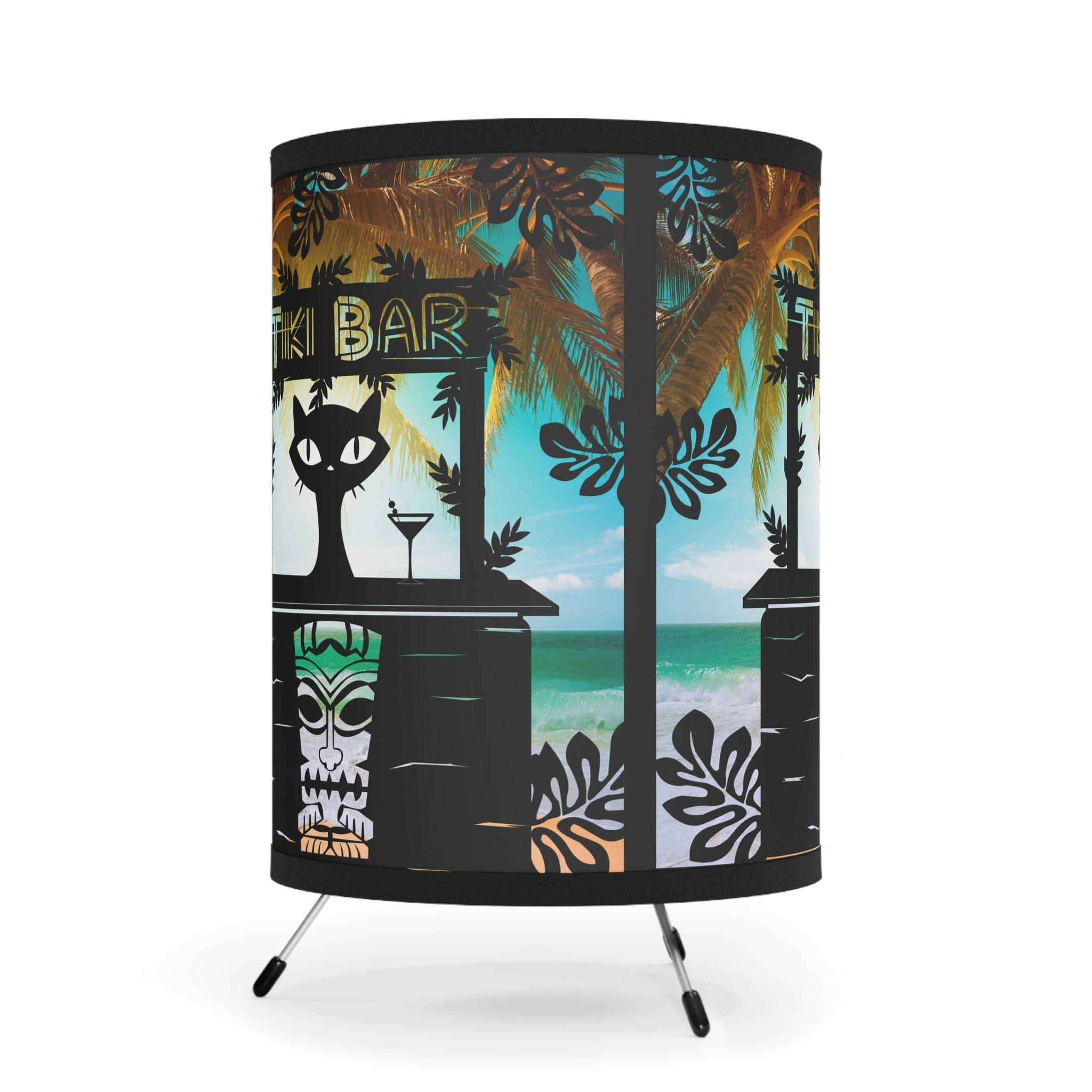 Tiki Bar Decor, Atomic Mod Cat, Mid Century Modern, Kitsch, Tropical Beach Decor, Tripod Lamp Home Decor One size / Black
