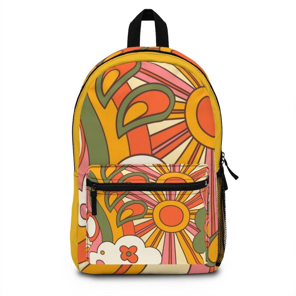 Retro 70's Groovy Back To School Backpack, Hippie, Sunburst, Yellow, Orange, Green, Stay Groovy Hipster Van School Essentials Bags One size