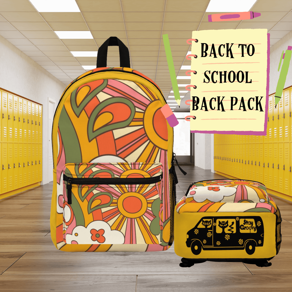 Retro 70's Groovy Back To School Backpack, Hippie, Sunburst, Yellow, Orange, Green, Stay Groovy Hipster Van School Essentials Bags One size