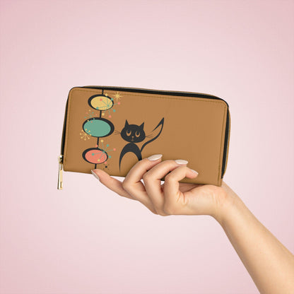 Atomic Kitschy Cat, Carmel Brown, Mid Century Modern Zipper Wallet Accessories One size / White