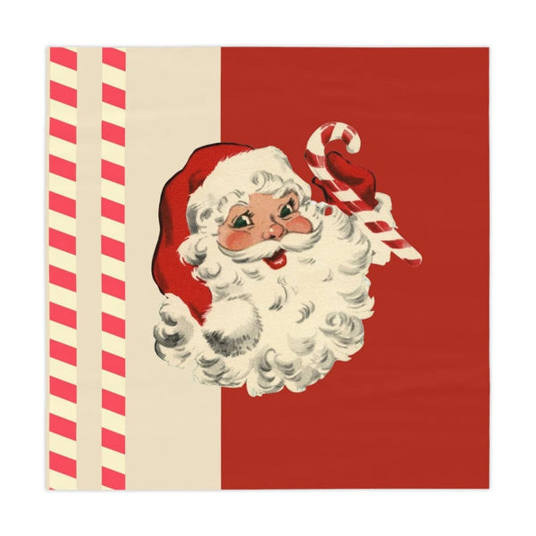Vintage Santa Claus, Retro Christmas, Mid Century Modern Holiday, Cranberry Red, Beige, Candy Cane Stripe, Tablecloth