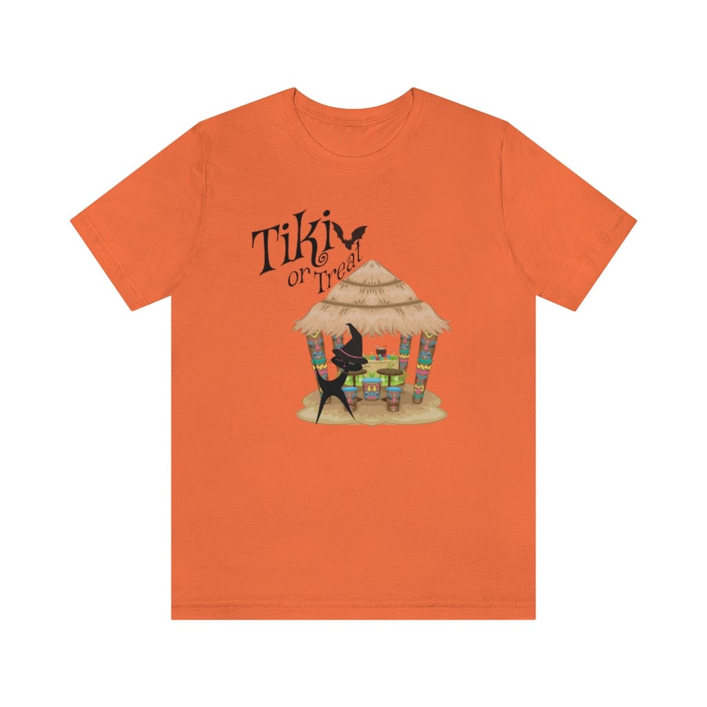 Retro Atomic Cat, Tiki Halloween T-Shirt, Tiki Or Treat, Tiki Lover, Halloween Party, Funny Halloween Unisex Tee T-Shirt Orange / XS
